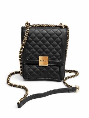 GUESS Black Quilted Crossbody with Gold Chain Detail